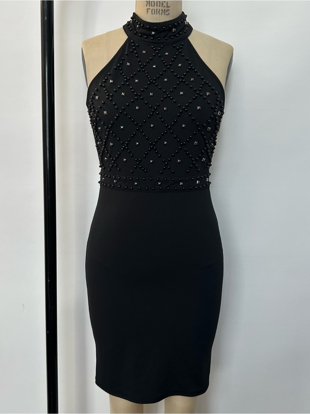 Black Beaded Halter Sheath Dress